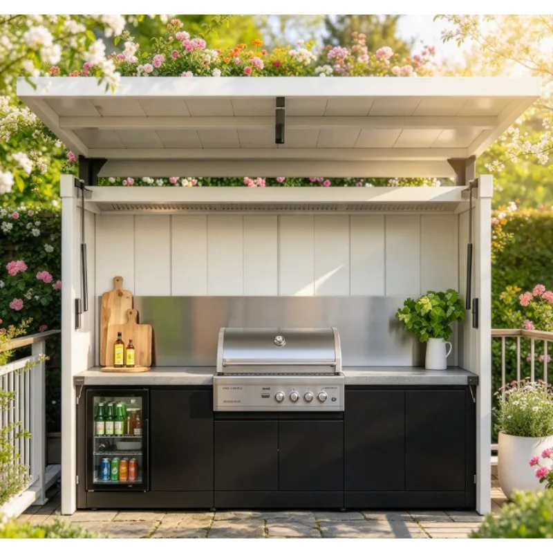Luxury Backyard Outdoor Kitchen Modular Container Cooking Station Built-in BBQ Grill Range Hood Fridge