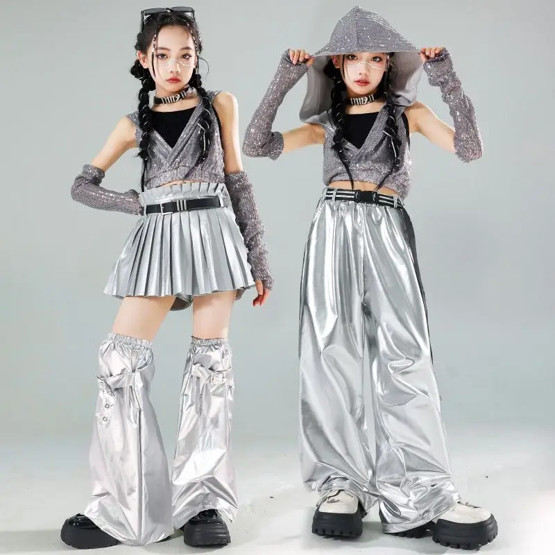 Dziewczęta K-pop Sequin Crop Hoodies Street Dance Shorts Kids Hip Hop Jazz Skirts Silver Pants Clothes Sets Child Streetwear Costumes