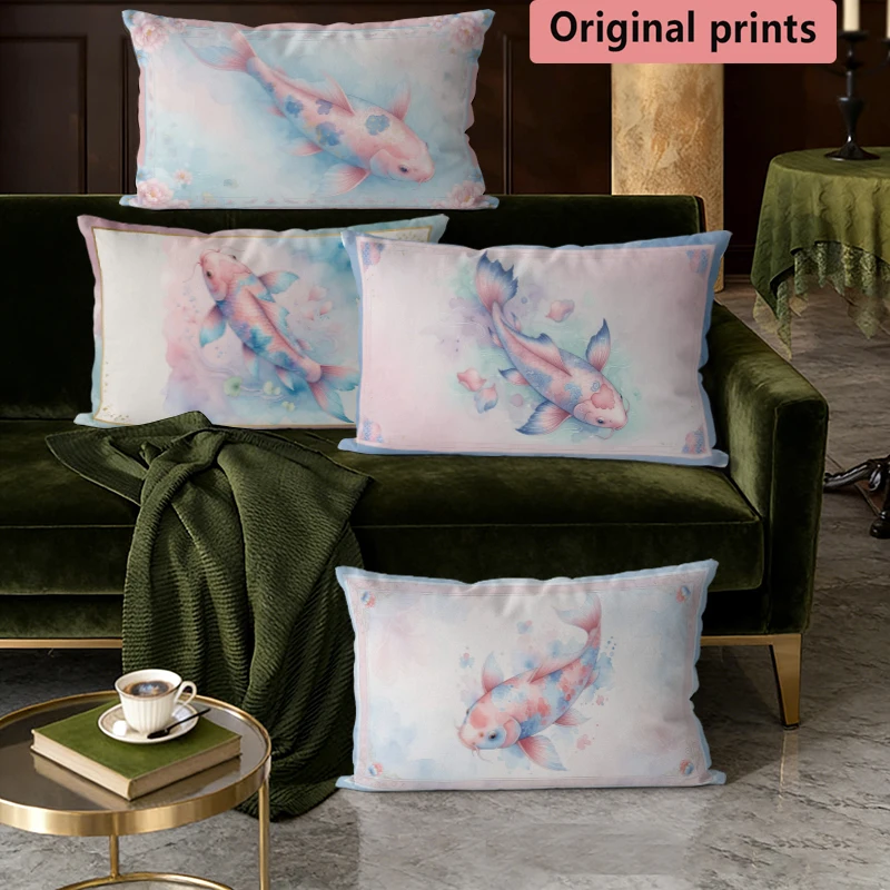 Lendenkissenbezüge mit Koi-Fisch-Aquarell-Motiv, geeignet für Sofa, Schlafzimmer, Auto, Kissenbezug, rechteckiges Rückenkissen