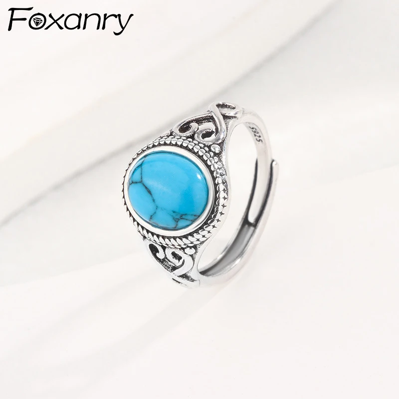 Foxanry Silver Color Natural Stone Rings For Women Couples Vintage Fashion Bohemia Elegant Personality Anniversary Jewelry Gifts