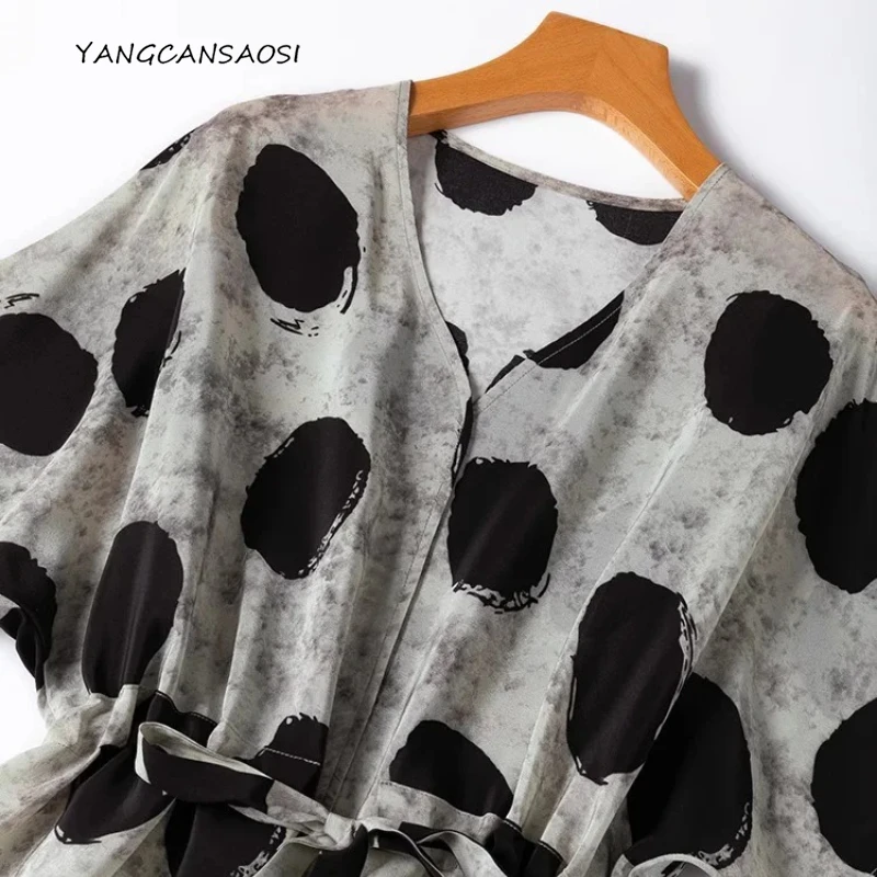 

Black Polka Dot Women's Summer Fashion Printed Breathable Dress 100% Natural Mulberry Silk V-neck Waist Drawstring Double Crepe
