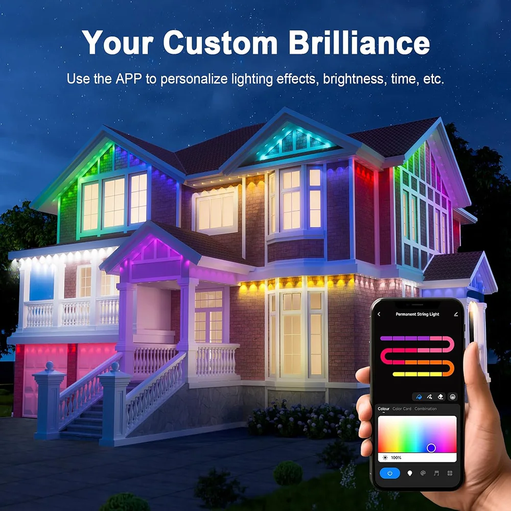 Permanent Outdoor Lights Smart RGBIC 50ft 30 LED Eaves Light Waterproof Music Sync Remote Control Outdoor Eaves LED Light String