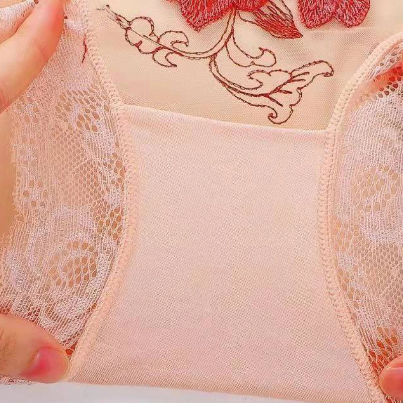 Women Retro Style Mesh Sexy Transparent Lace Flower Embroidery Underwear Elasticity High Waist Panties Elegant Breathable Breifs