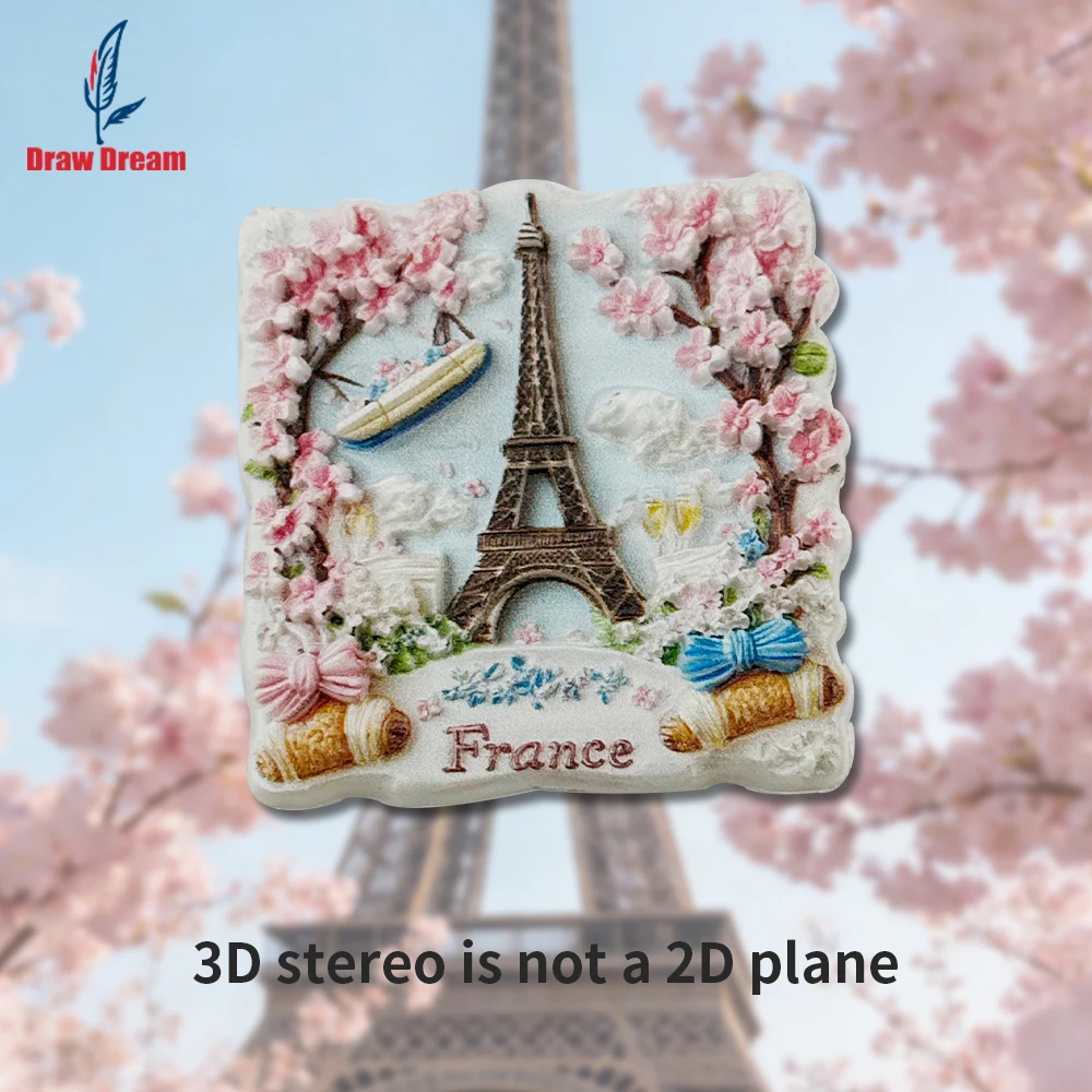 1PC French Pink Cherry Blossom Tower Creative 3D Stereoscopic Refrigerator Poster for Home Decoration as a Gift