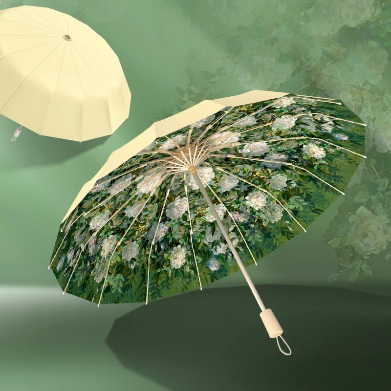 Women Floral Jacquard Folding Umbrella UPF50+ UV Protection Sun Rain Parasol Lightweight Portable All‑Weather Travel Umbrella