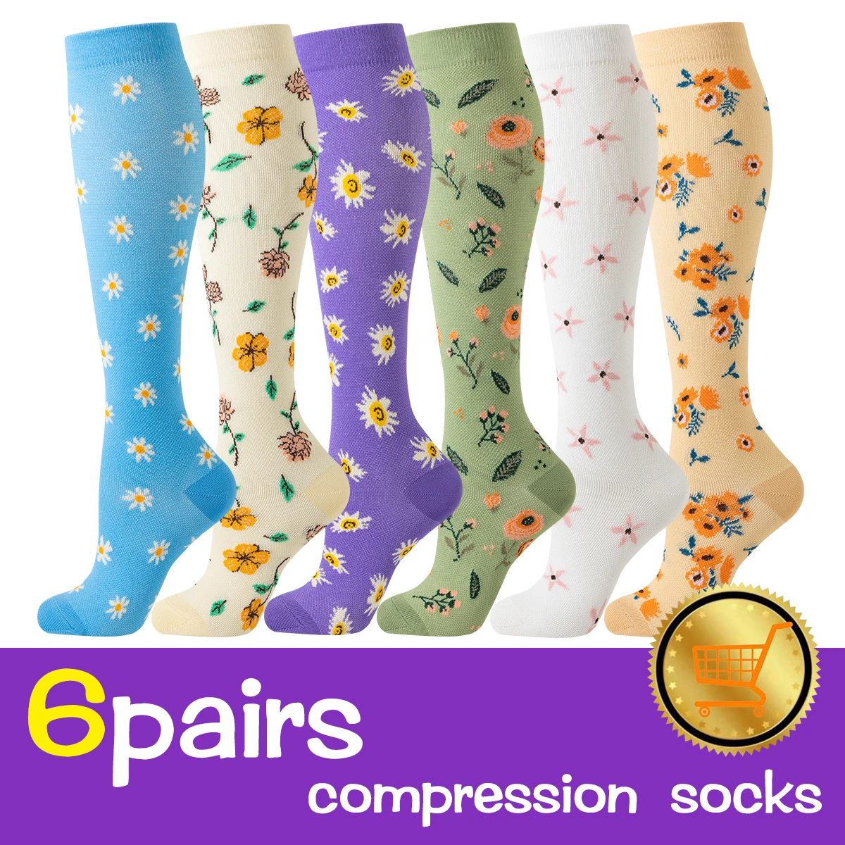 

6 пар компрессионных носков с цветочным принтом для женщин и мужчин, медицинские дышащие компрессионные носки до колена для медсестры с цветами, женские спортивные носки для медсестры