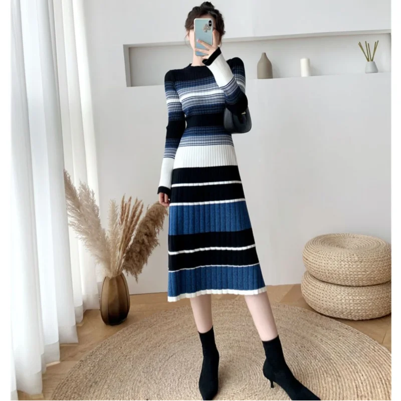 Versatile Striped Knitted Dress For Women's Autumn Winter New Mid Length A-line Slimming and Versatile Bottom Fur Dresses