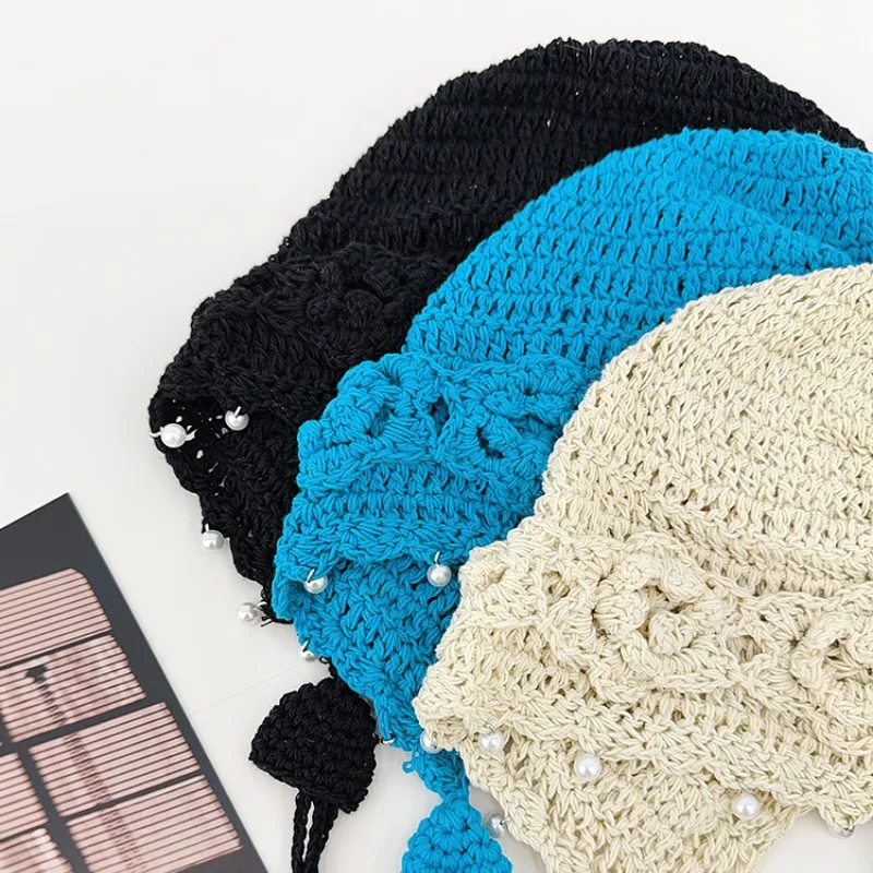 الكورية اللؤلؤ قلادة رقيقة الجوف محبوك قبعة المرأة الربيع والصيف مهدب جديلة الدانتيل متابعة كبير رئيس بلوفر كروشيه قبعة