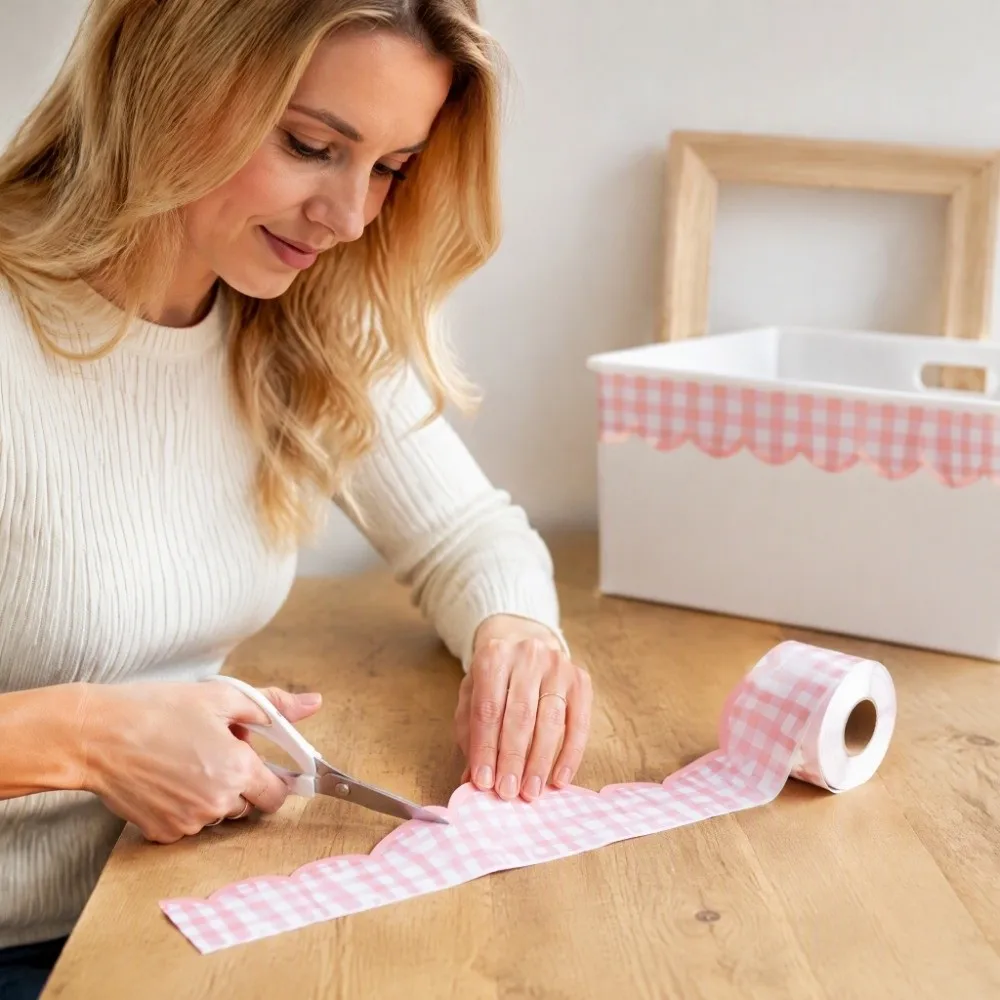 Durable Wavy Edge Masking Tape 65FT Checkered Pattern Decorative Border Tape Pink Plaid Board Border Scrapbook