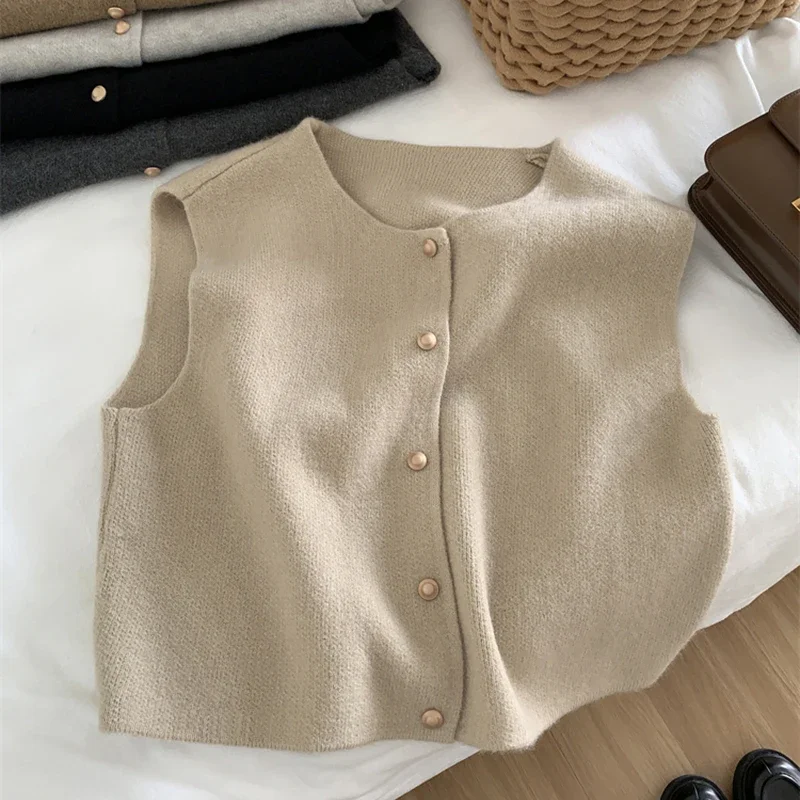 Autumn New Knitted Cardigan Women Korean Elegant Sleeveless Sweater Tanks Casual Fashiona New Slim Female Tops Gray Vest