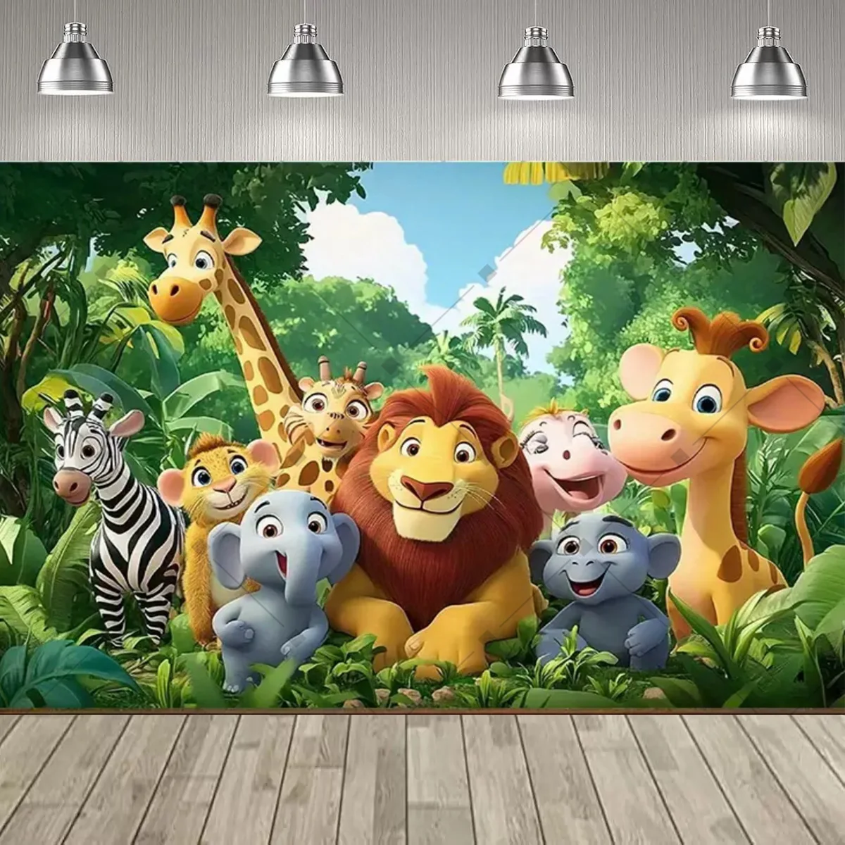 Lebendiger Dschungel-Tier-Party-Dekor-Hintergrund, niedlicher Löwe, Tiger, Elefant, Thema, Kindergeburtstag, Partyzubehör, Dekor, Banner, Baby-Taufe – Detail 8