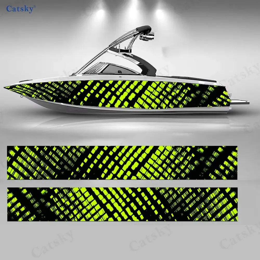 2Pcs Cyber Green Code Geometry Boat Stickers, PVC Waterproof Vinyl Wrap Decals for Fishing Boats, Durable and Stylish Design