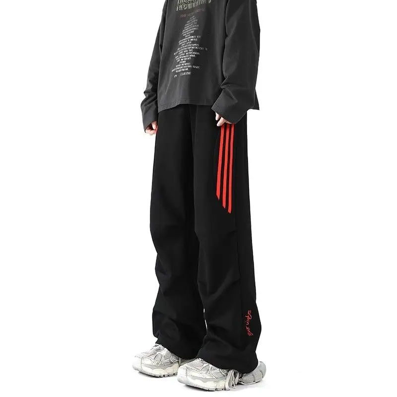 Korean Fashion Spring Autumn Preppy Pants Now Side Striped Casual Sweatpants Letter Printing Elastic Waist Wide Leg Trousers