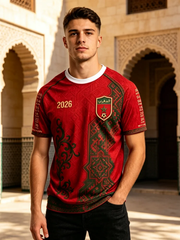 Summer New Morocco Football Sports Jersey Red Letter Print Short Sleeve T Shirt Soccer Fan Supporter Casual Top Family Kids Tees