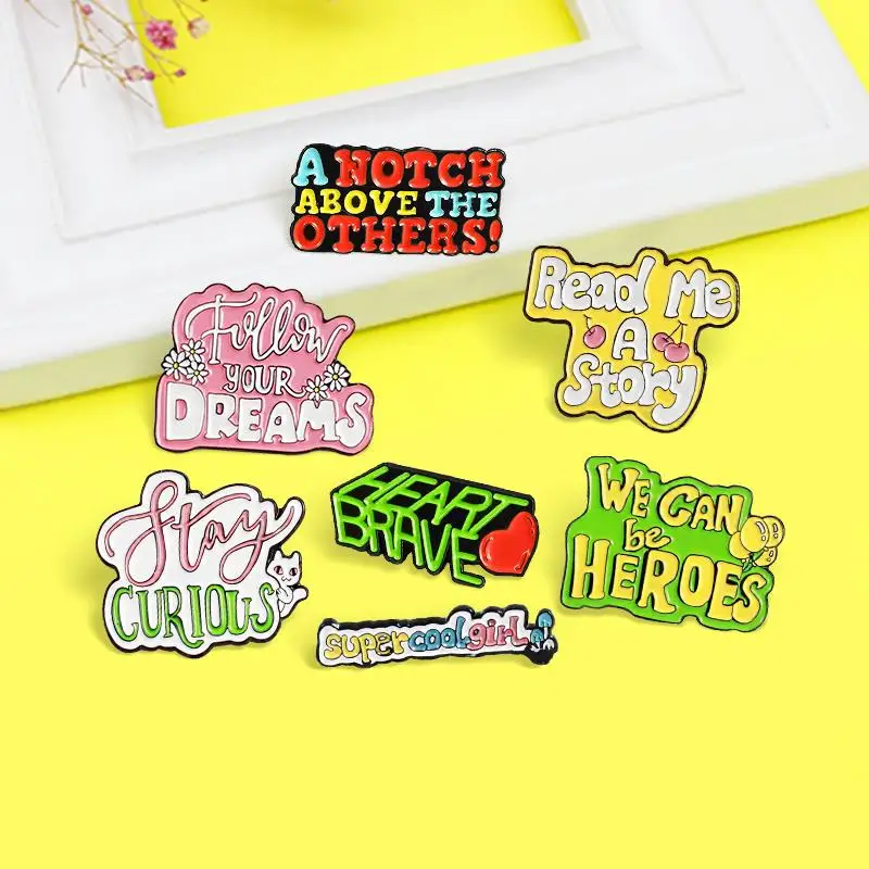 Pin Colorful Words Slogan HEART BRAVE,Itay Curious,Super cool girl Brooch Lapel Shirt Bag Badge Jewelry Gift Funny Quote Enamel