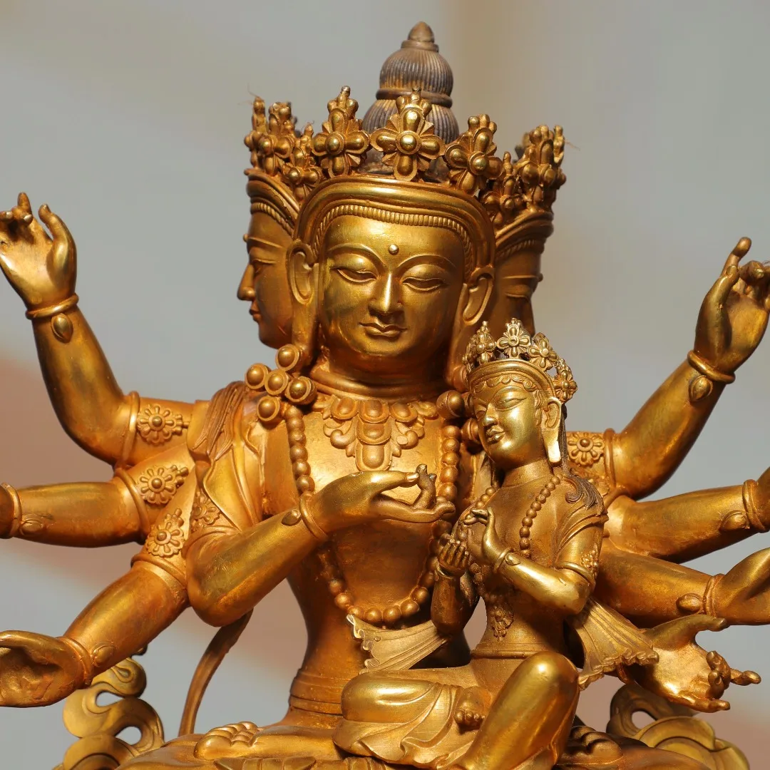 Old Bronze Gilded Cinnabar High Relief Ushnishavijaya Sitting Buddha Six arm Buddha Lotus Terrace Worship Hall Town house