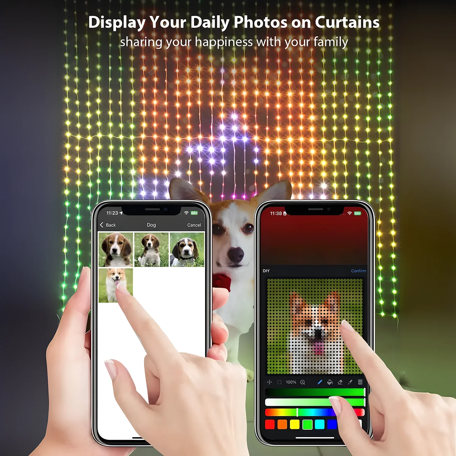 Programmable Bluetooth Smart LED Curtain String Light DIY Text Photo Display RGB+IC String Light Indoor Decoration 400LED