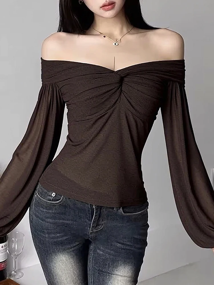 Y2k Aesthetic Simple Fashion Women's Tee Shirts Slash Neck Long Sleeve Solid Casual T-Shirts Vintage Off Shoulder Trendy Tshirts