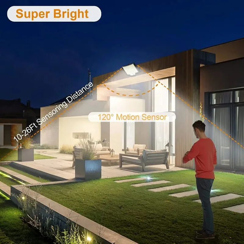 LED Solar Motion Light, Luzes de inundação solares ao ar livre brilhantes, Lâmpada de parede impermeável para garagem, 3 modos de iluminação, 100, 106, 228