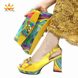 High Quality New Arrivals 2024 Italian Design Shoes and Bag Set in Yellow Color Peep Toe Comfortable Heels for Party