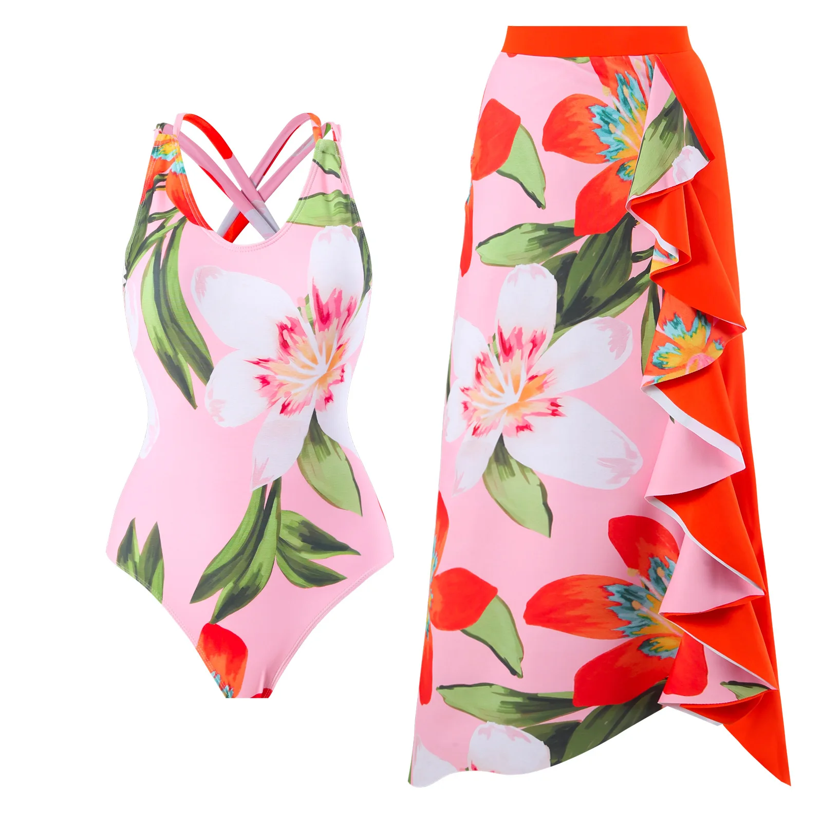 

Sexy One-piece Swimsuit with Ruffle Skirt Swimwear Women Criss Cross Floral Bathing Suit Swim Pool 2024 Female Swimming Suit