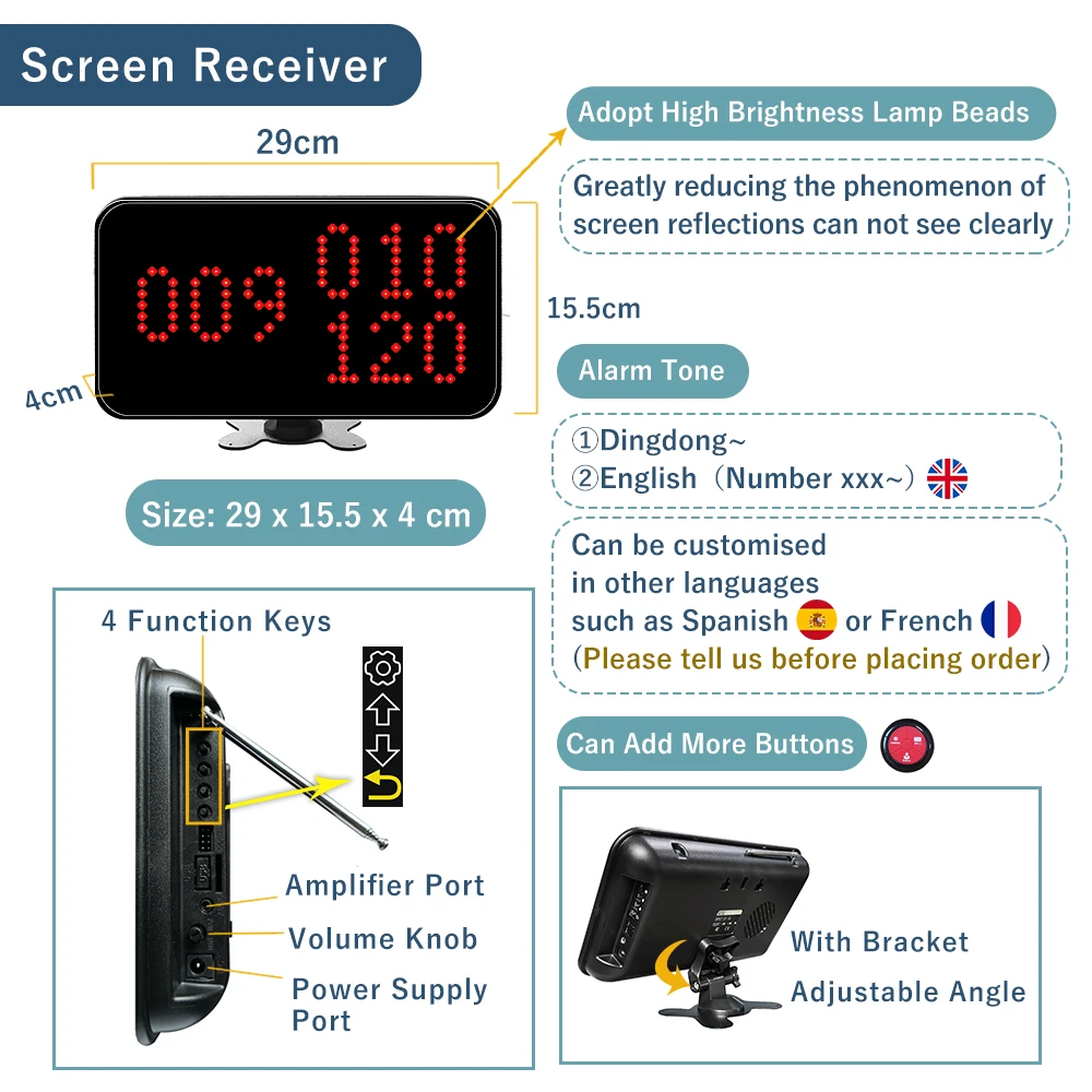 Ycall KOQI Restaurant Waiter Call System 3-Digit Number Display Host Receiver 10 Hookah Call Bell Button Voice Monitoring Pager