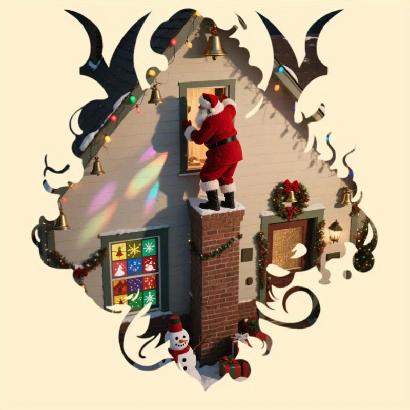 

1PC Whimsical Floating Christmas House Sticker with Santa for Festive Window & Home Decor" Sticker, Ideal for Windows