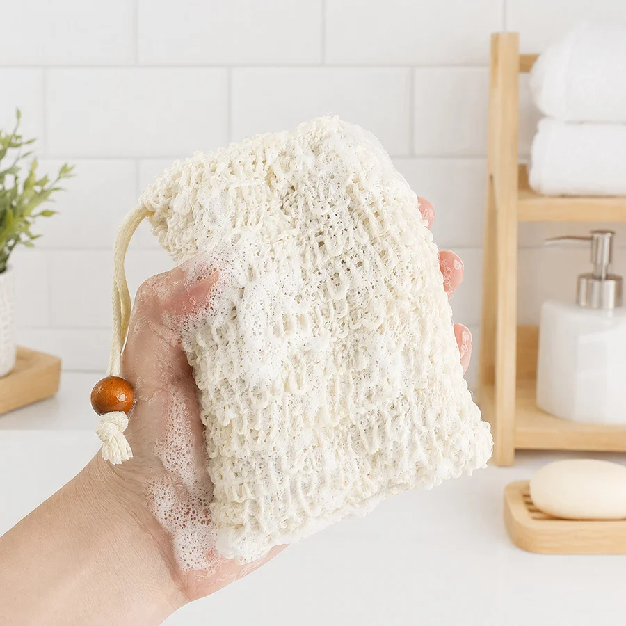 5/10pcs Hemp Soap Bag with Drawstring Wooden Beads,Exfoliating Net for Foam&Dry,Bathroom Shower Accessories,Natural Handcrafted