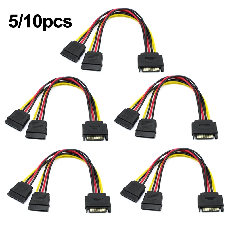 10/5Pcs SATA Y Shape Splitter Cable Hard HDD 15Pin SATA 1 Male to 2 Daul Female Power Adapter Cord Extension Cable 20CM