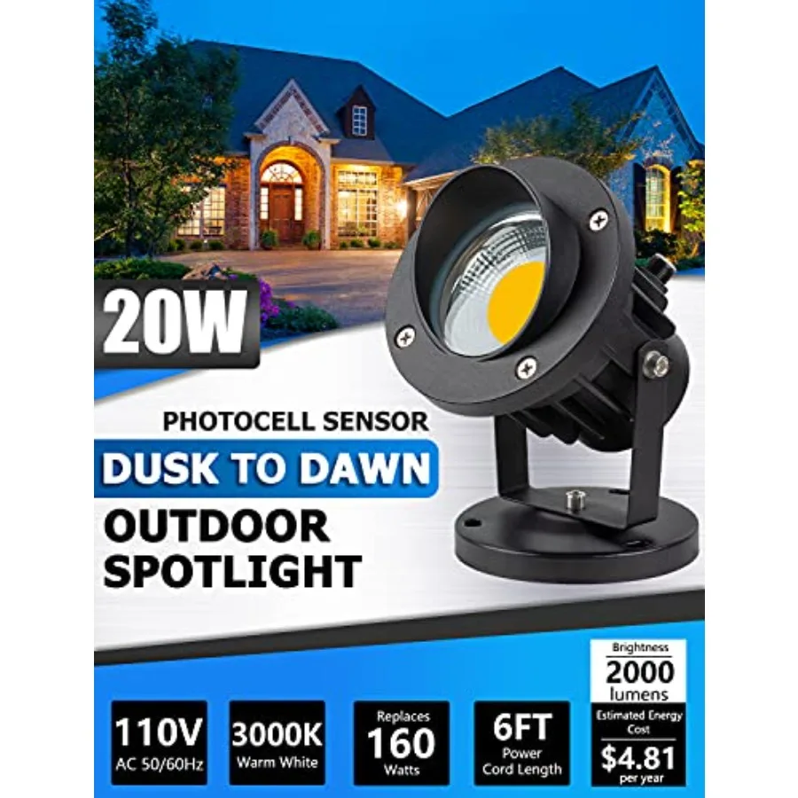 20W Spot Lights Outdoor with Photocell Sensor, Dusk to Dawn LED Landscape Spotlights, Waterproof 120V 2000LM 3000K Landscape Li