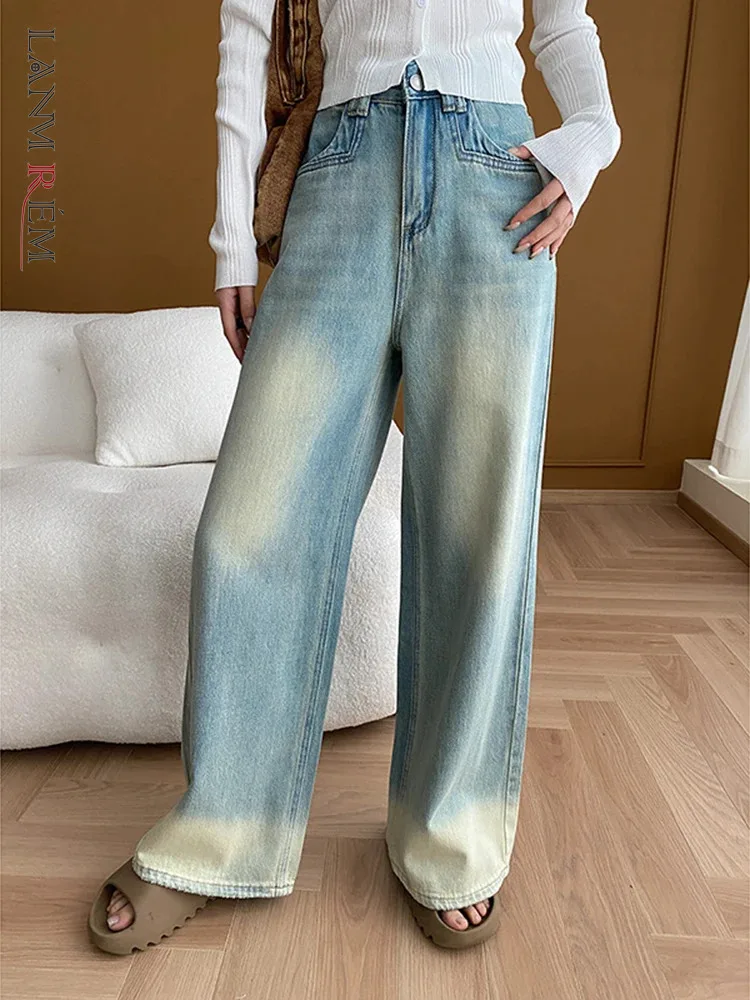 

[LANMREM] Streetwear Washed High Waist Jeans For Women Straight Wide Leg Denim Pants Trousers Fashion 2024 Autumn New 26D9210