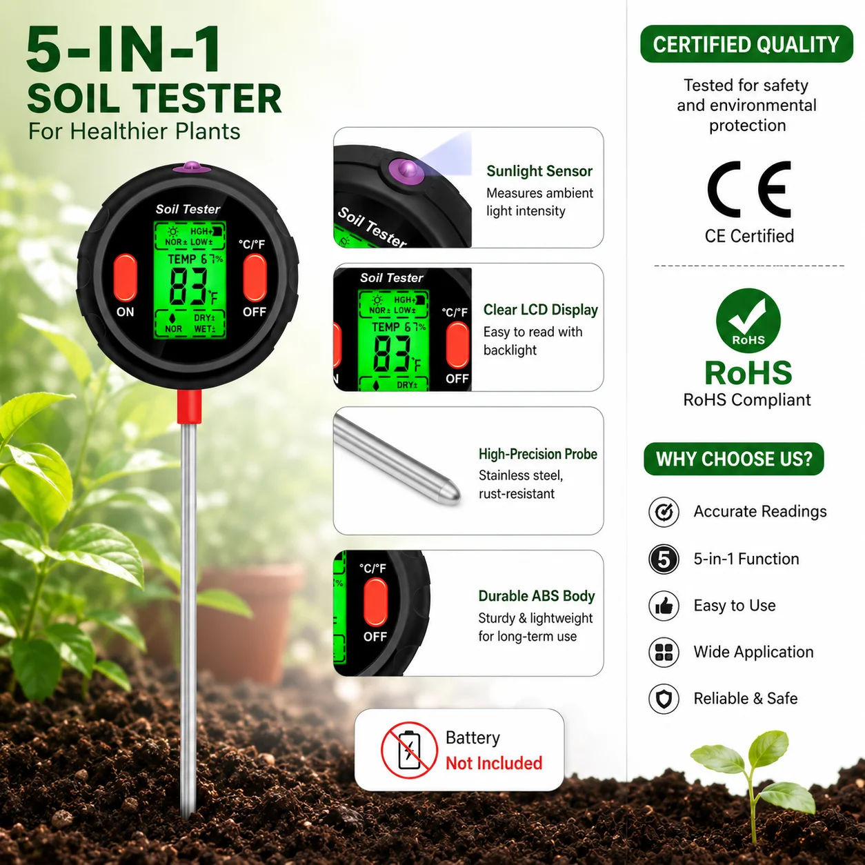 2/3/5 in1 soil instrument illumination tester acid alkalinity meter PH moisture humidity digital display backlight test tester