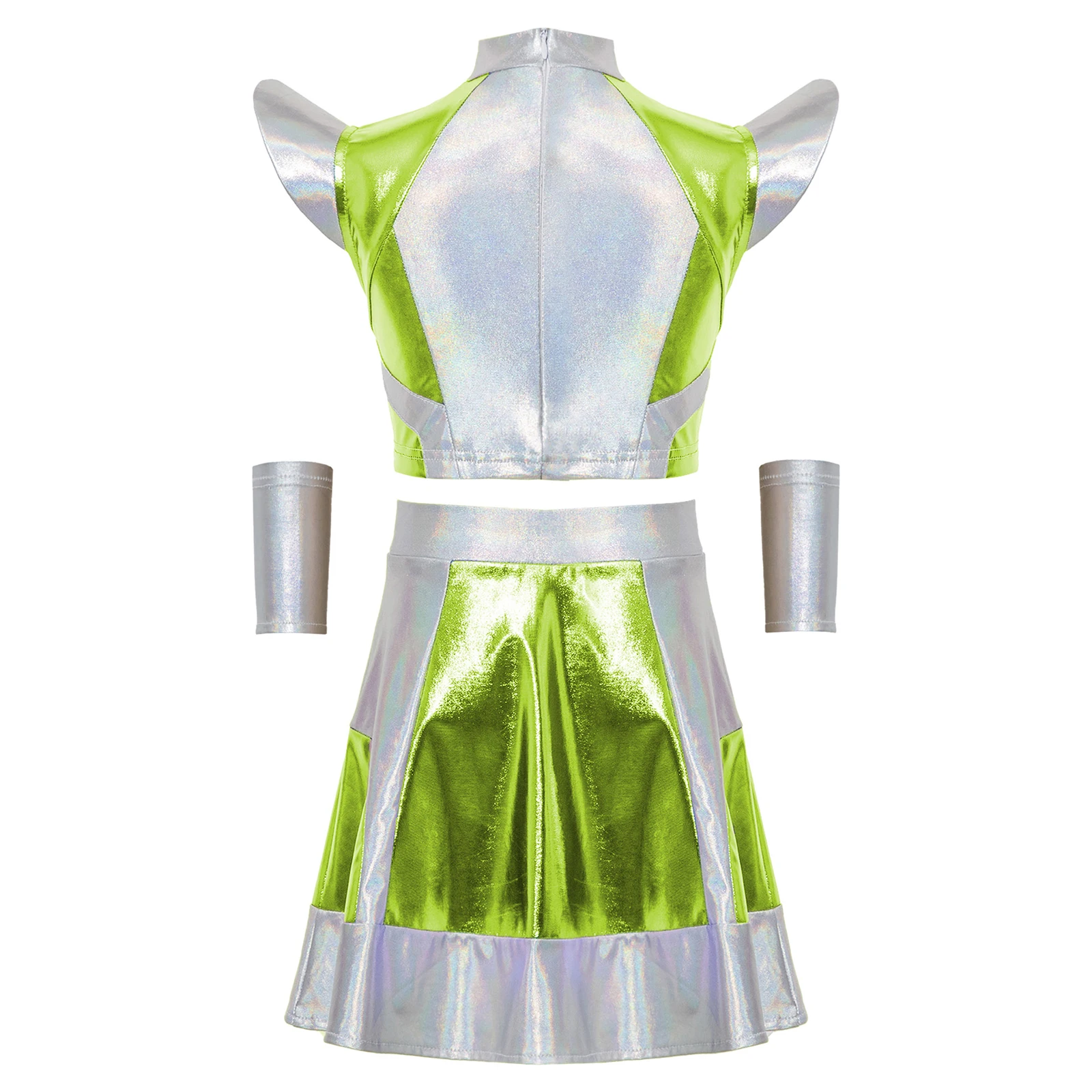 Girls Halloween Alien Costume Astronaut Outer Space Cutie Outfit Glossy Metallic Color Block Top Skirt Sets for Role Play Party