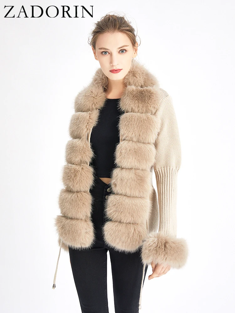 ZADORIN Fall Winter Women Faux Fur Coat Luxury Knitted Sweater Fur Cardigan Detachable Collar White Pink Jacket Faux Fur Coats