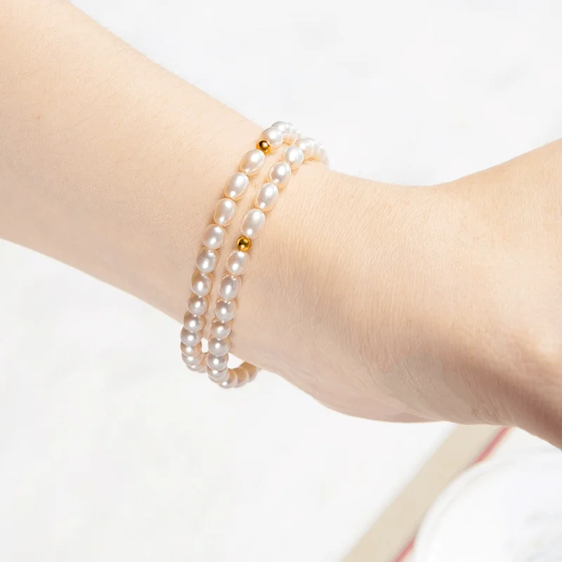 

100% Natural Pearl Bracelet Charms Elastic Rope Real Rice Pearl Bracelets for Girl Friend Pearl Size 6mm