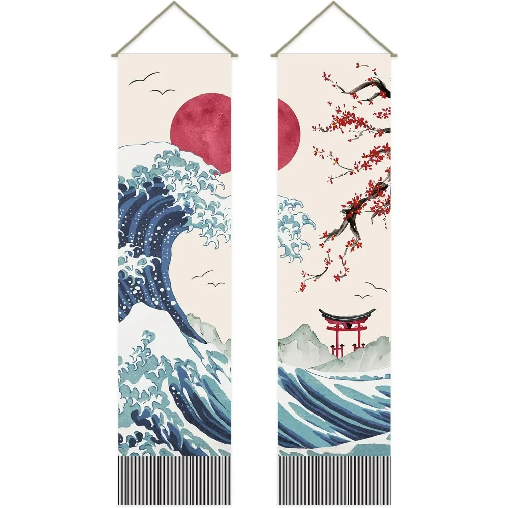 Pack of 2 Japanese Wave Tapestries Ocean Wave Tapestry Red Sun & Waves & Red Cherry Blossoms Tassel Tapestry Wall Hanging