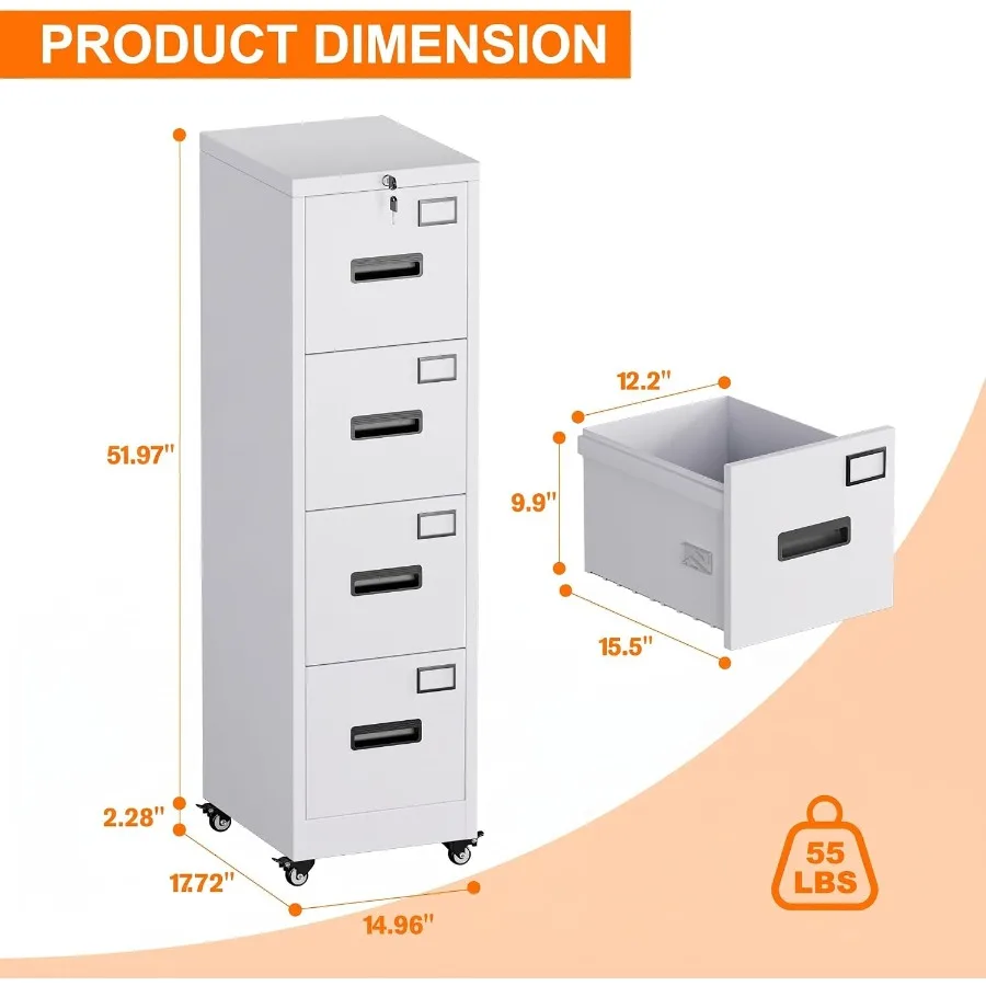 4 Drawer Locking Metal File Cabinet with Wheels, Vertical Filing Cabinet with Full-Extension Drawers, Letter Legal Size, Remova