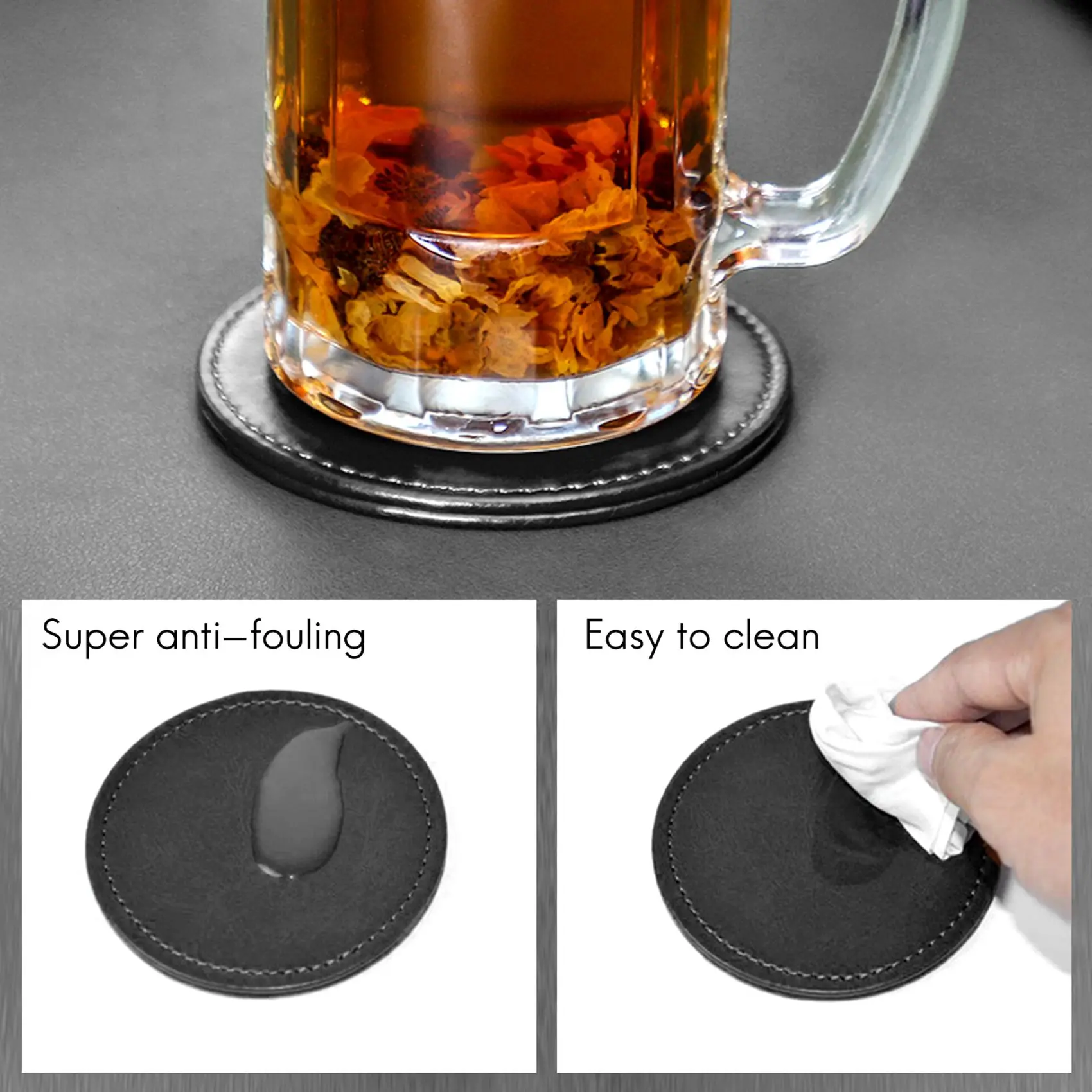 Set of 6 Leather Drink Coasters Round Cup Mat Pad for Home and Kitchen Use Black image 5