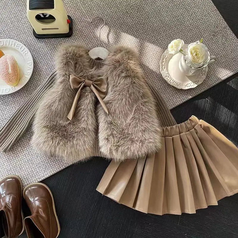 

New Korean Style Autumn Winter Warm Sets For Children Sweater Tops+Vest Coat+Leather Skirt 3PCS Suits Baby Girl Clothes Outfits