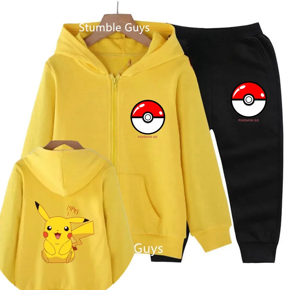 Cute Pikachu  Pokemoned Zipper Top + Pants Children's Anime Baby Boys Casual Set Cute Girls Cartoon Sweatshirt Casual Set