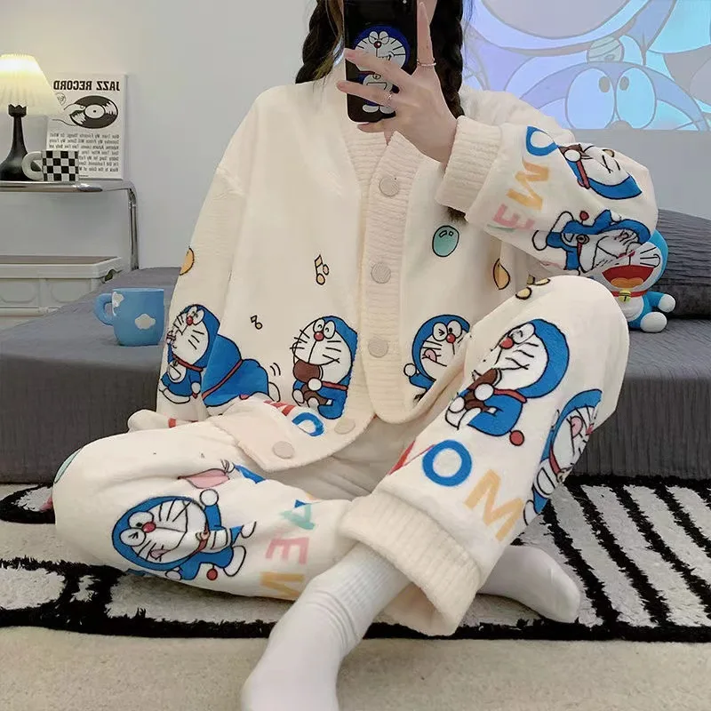 

Women Autumn Winter Long Sleeve sleepwear Doraemon Coral Fleece Pajama New Jingle Cat Flannel Thickened Home clothes