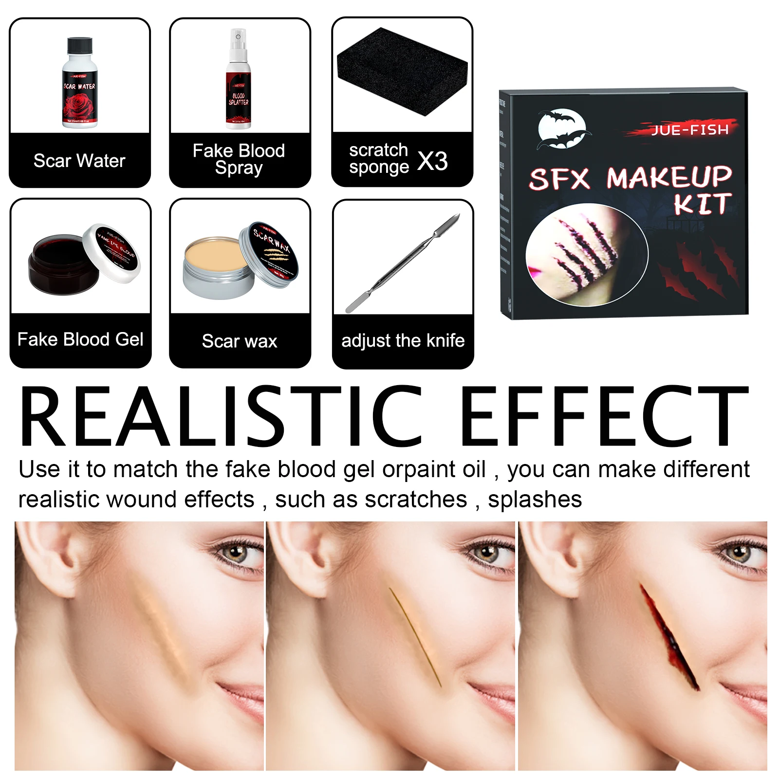 Jue-Fish Halloween cicatrice cire faux sang Kit ensemble de maquillage pour plaies réalistes maquillage corporel Non toxique avec applicateur fête costumée