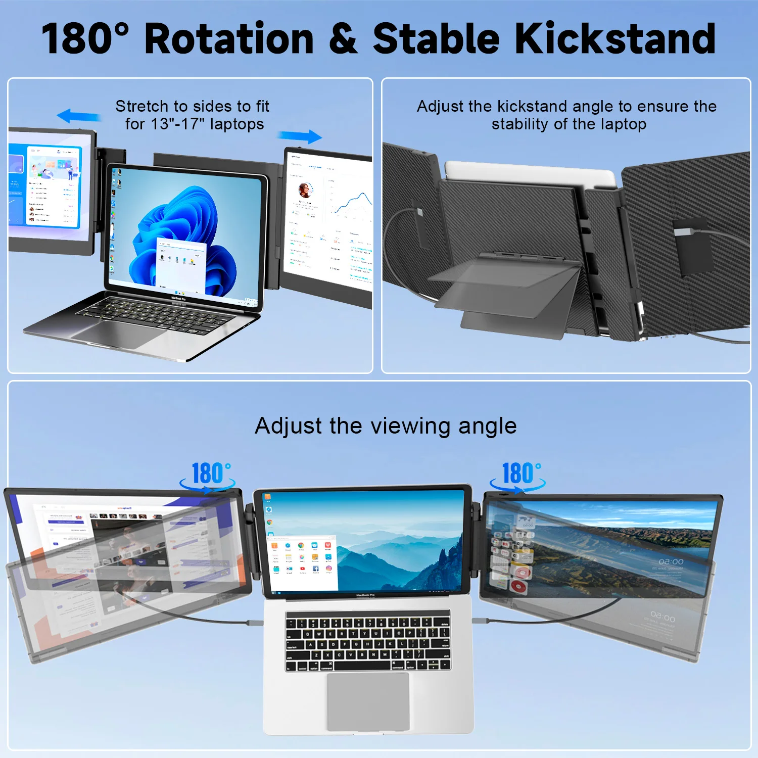 Monitores Portáteis S3 Monitor Triplo Portátil USB Monitor de Tela Tripla IPS de 14'' Polegadas para Computador