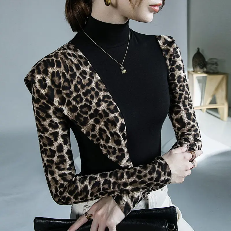 Leopard Printing Patchwork Y2K Bottoming Shirt Spring Autumn New Long Sleeve Slim Elegant Tops Vintage Fashion Women Clothing