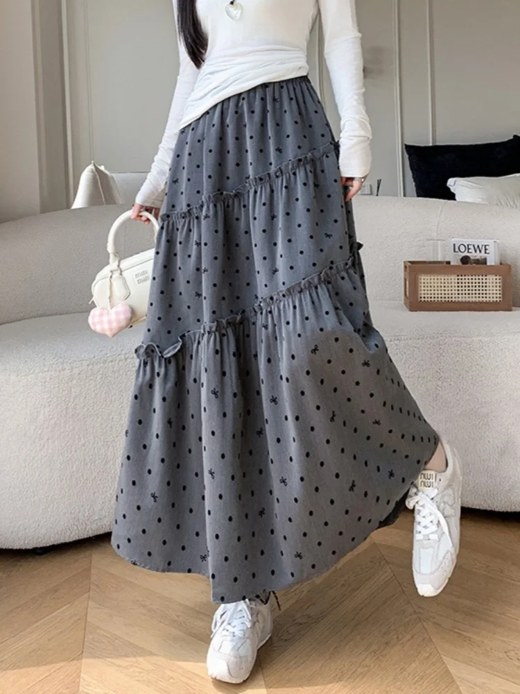 

SMTHMA 2025, новая осенняя винтажная юбка в горошек, женская свободная юбка трапециевидной формы, длинная жаккардовая юбка с текстурированным бантом и подкладкой