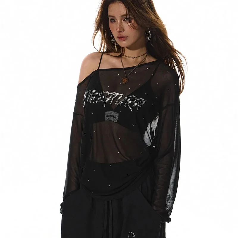 New Trendy Letter Hot T-shirts For Women Individuality Y2k Design Thin Young Loose Tops Gothic Black Long Sleeve Tee