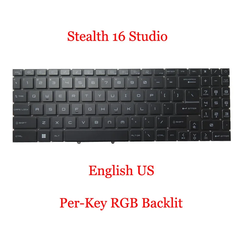 Laptop Per-Key RGB Backlit Keyboard For MSI Stealth 16 Studio A13VE A13VF A13VG A13VG-056US MS-15F2 English US Black No Frame