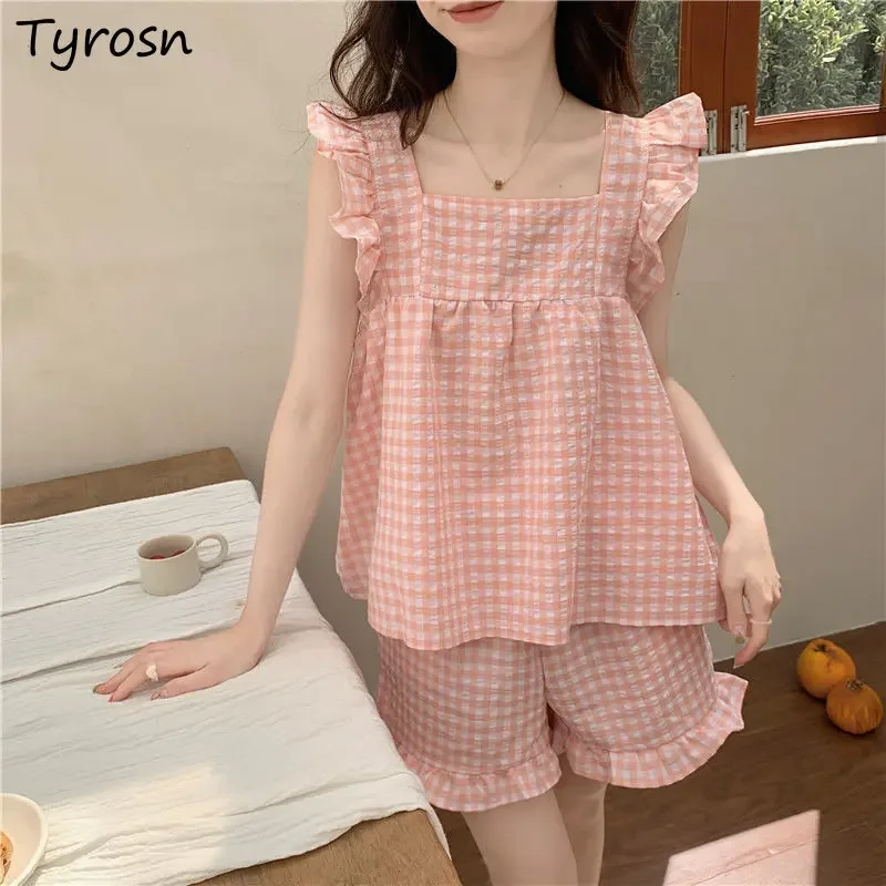 

Pajama Sets Women Sweet Tender Home Students Plaid Chic Summer Sleeveless Simple Sleepwear Soft Cozy Korean Style Daily Casual