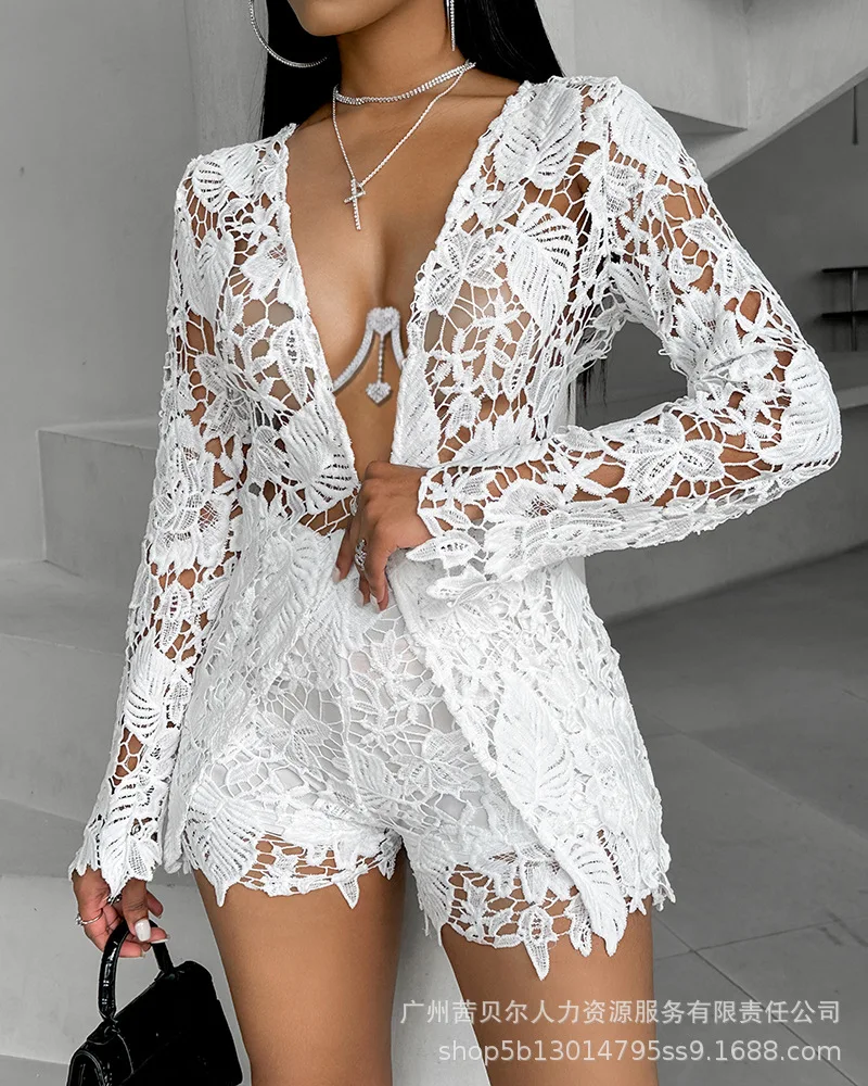 Women Sexy Short Sets Hollow Out Top Lace Spliced Full Sleeve Cardigan Solid Elegant Slim Fit Shirts High Street Summer 2024