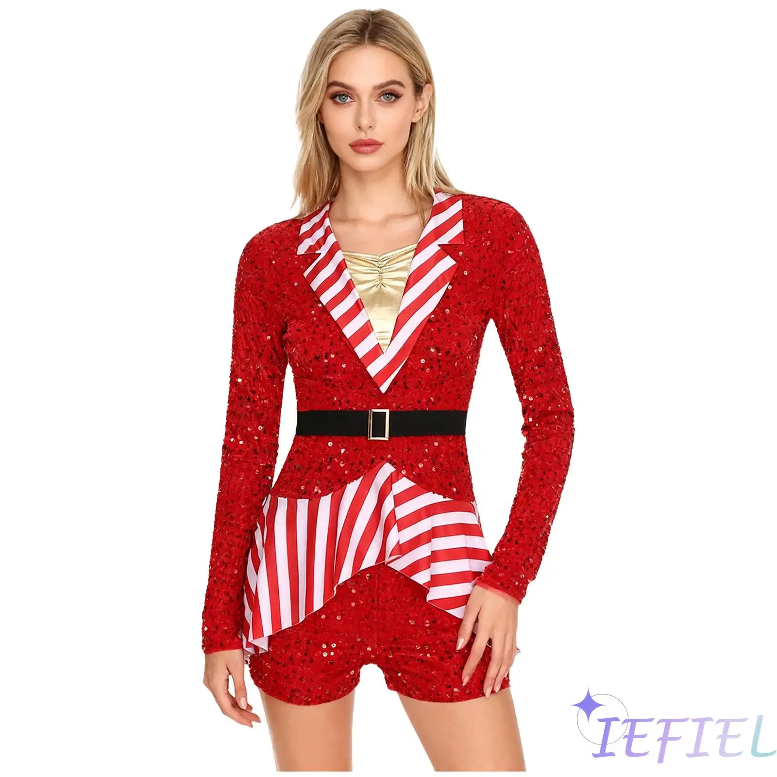 

Womens Christmas Candy Cane Dress-up Jumpsuit Stripe And Sequined Velvet Patchwork Boyshorts Bodysuit for New Year Xmas Parties